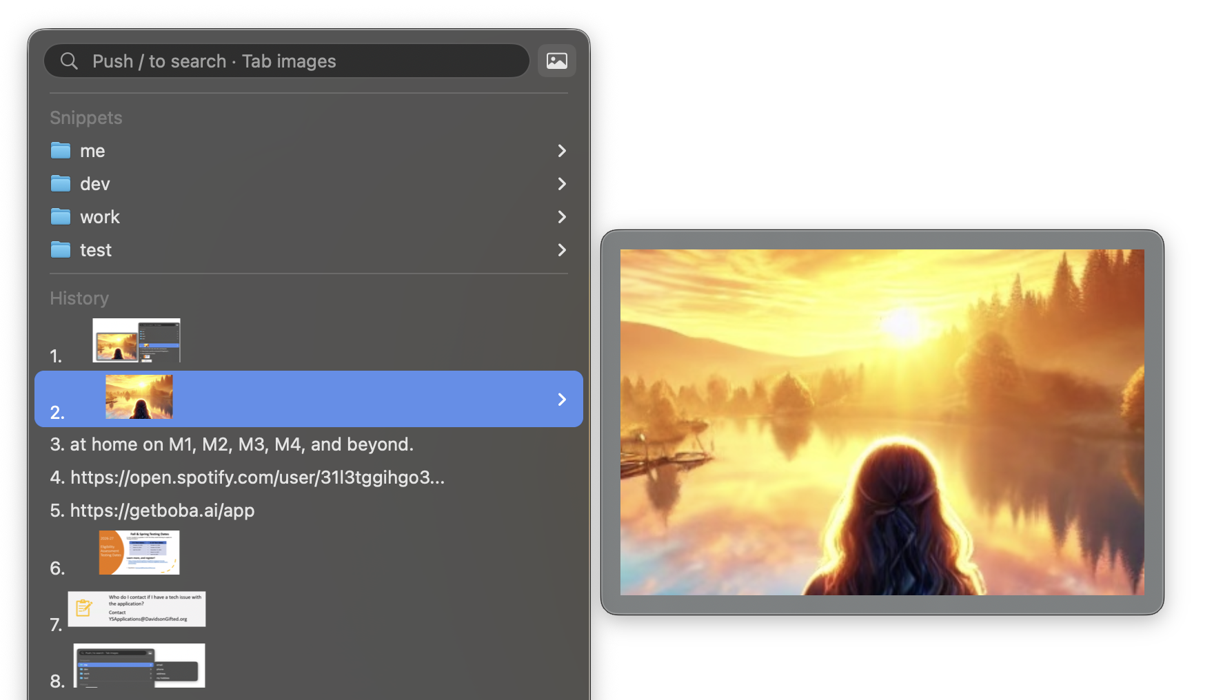 clip'M showing a live preview beside the clipboard history menu