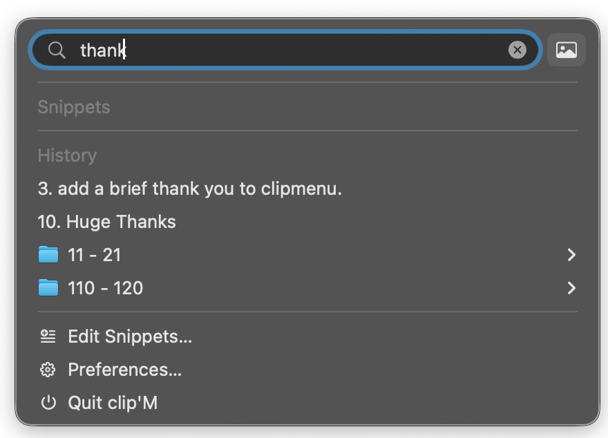 clip'M text search filtering clipboard history for the word thank