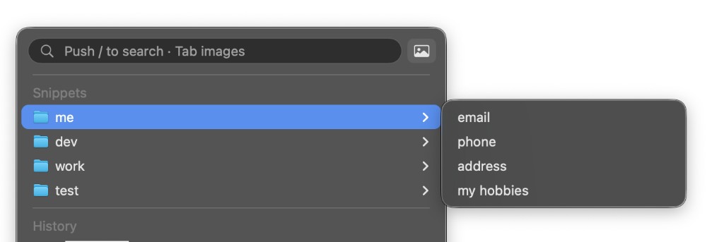 clip'M snippets folders with a nested list of reusable items like email and phone